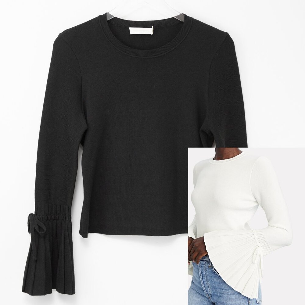 Johnathan Simkhai Iris Top Bell Sleeve Pleated Cuff Knit Cotton Black Size Large